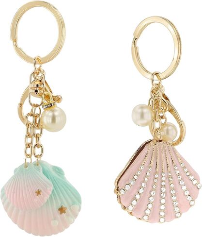 2PCS Gradient Seashell Keyring, Colorful Seashell Keychain with Alloy, Beach Style Keyring, Pearl Accent Key Holder in Saudi Arabia