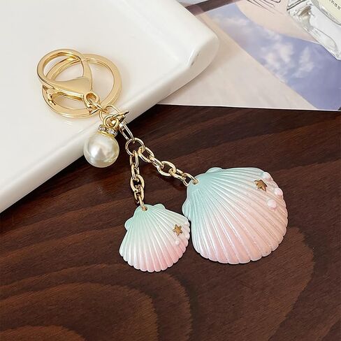 2PCS Gradient Seashell Keyring, Colorful Seashell Keychain with Alloy, Beach Style Keyring, Pearl Accent Key Holder in Saudi Arabia
