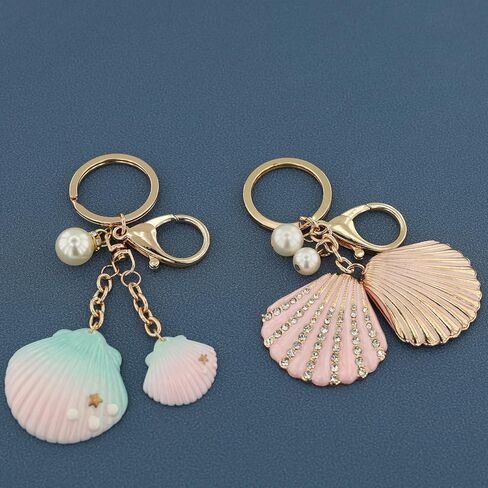 2PCS Gradient Seashell Keyring, Colorful Seashell Keychain with Alloy, Beach Style Keyring, Pearl Accent Key Holder in Saudi Arabia