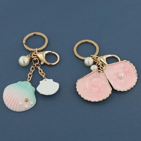 2PCS Gradient Seashell Keyring, Colorful Seashell Keychain with Alloy, Beach Style Keyring, Pearl Accent Key Holder in Saudi Arabia