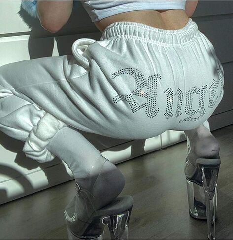 ECDAHICC Women‘s Rhinestone Sweatpants High Elastic Waist Harem Hip Hop Jogger Pants Street Wear Sportpants in Kuwait