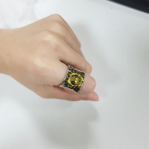 خاتم عباد الشمس الكلاسيكي للنساء والرجال النباتات الطبيعية ديزي عباد الشمس سبينر خواتم بوهو واسعة مكتنزة تململ الفرقة الدائري الأمل هدية in Saudi Arabia