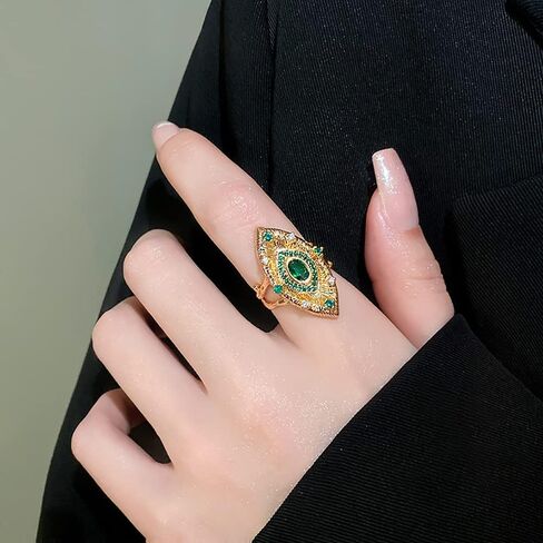 Unique Evil Eye Expandable Statement Ring for Women Girls Cubic Zirconia Simulated Emerald Green Crystal Open Adjustable Large Rings Italian Protection Finger Bands Personalized Jewelry Gifts Birthday in Saudi Arabia