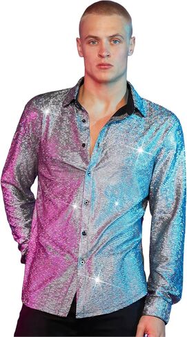 WDIRARA Men's Glitter Sequin Metallic Button Front Shirt Long Sleeve Shirt Tops in Saudi Arabia