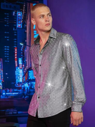 WDIRARA Men's Glitter Sequin Metallic Button Front Shirt Long Sleeve Shirt Tops in Saudi Arabia