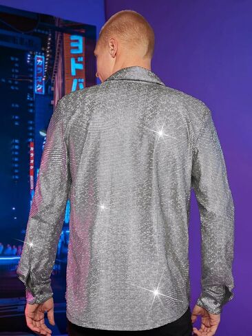 WDIRARA Men's Glitter Sequin Metallic Button Front Shirt Long Sleeve Shirt Tops in Saudi Arabia