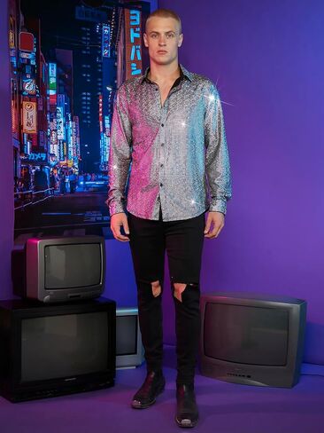 WDIRARA Men's Glitter Sequin Metallic Button Front Shirt Long Sleeve Shirt Tops in Saudi Arabia