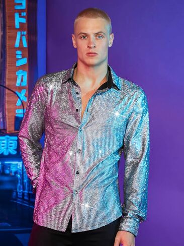 WDIRARA Men's Glitter Sequin Metallic Button Front Shirt Long Sleeve Shirt Tops in Saudi Arabia