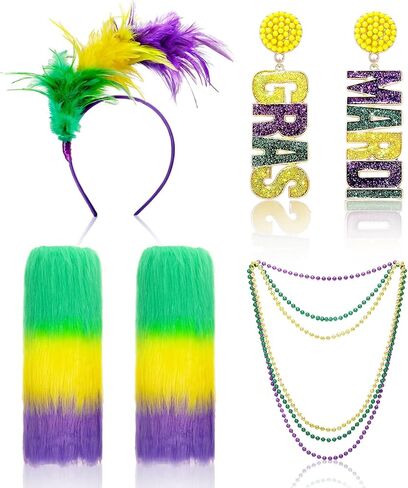 مجموعة إكسسوارات أزياء ovveroche 6 قطع من Mardi Gras، عصابة رأس من الريش الصناعي Mardi Gras Beads Mardi Gras أقراط متدلية من الفرو الصناعي لتدفئة الساق للنساء والفتيات in Kuwait