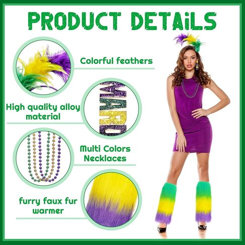 مجموعة إكسسوارات أزياء ovveroche 6 قطع من Mardi Gras، عصابة رأس من الريش الصناعي Mardi Gras Beads Mardi Gras أقراط متدلية من الفرو الصناعي لتدفئة الساق للنساء والفتيات in Kuwait