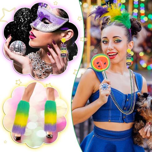 مجموعة إكسسوارات أزياء ovveroche 6 قطع من Mardi Gras، عصابة رأس من الريش الصناعي Mardi Gras Beads Mardi Gras أقراط متدلية من الفرو الصناعي لتدفئة الساق للنساء والفتيات in Kuwait