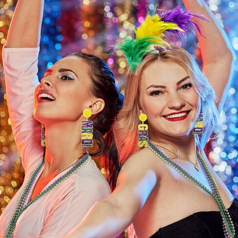 مجموعة إكسسوارات أزياء ovveroche 6 قطع من Mardi Gras، عصابة رأس من الريش الصناعي Mardi Gras Beads Mardi Gras أقراط متدلية من الفرو الصناعي لتدفئة الساق للنساء والفتيات in Kuwait