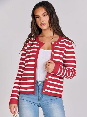 ANRABESS Cardigan Sweaters for Women 2023 Fall Long Sleeve Cropped Striped Knitted Jackets with Pockets in Saudi Arabia