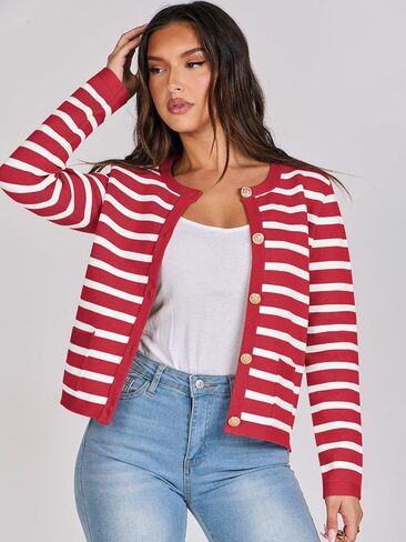 ANRABESS Cardigan Sweaters for Women 2023 Fall Long Sleeve Cropped Striped Knitted Jackets with Pockets in Saudi Arabia