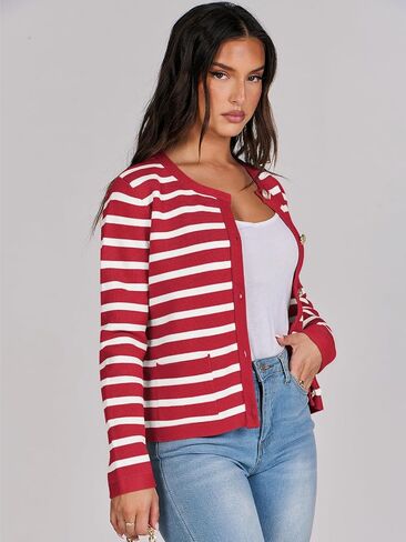 ANRABESS Cardigan Sweaters for Women 2023 Fall Long Sleeve Cropped Striped Knitted Jackets with Pockets in Saudi Arabia