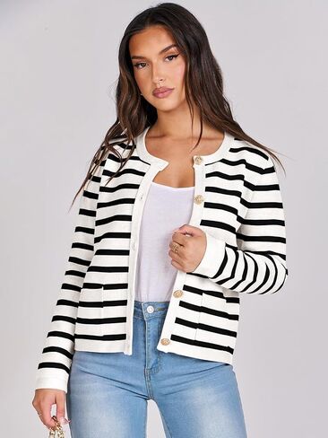 ANRABESS Cardigan Sweaters for Women 2023 Fall Long Sleeve Cropped Striped Knitted Jackets with Pockets in Saudi Arabia