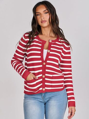 ANRABESS Cardigan Sweaters for Women 2023 Fall Long Sleeve Cropped Striped Knitted Jackets with Pockets in Saudi Arabia