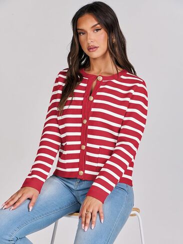 ANRABESS Cardigan Sweaters for Women 2023 Fall Long Sleeve Cropped Striped Knitted Jackets with Pockets in Saudi Arabia