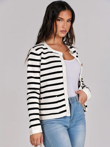 ANRABESS Cardigan Sweaters for Women 2023 Fall Long Sleeve Cropped Striped Knitted Jackets with Pockets in Saudi Arabia