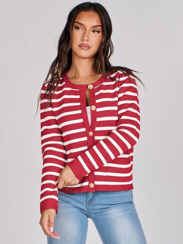 ANRABESS Cardigan Sweaters for Women 2023 Fall Long Sleeve Cropped Striped Knitted Jackets with Pockets in Saudi Arabia