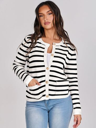 ANRABESS Cardigan Sweaters for Women 2023 Fall Long Sleeve Cropped Striped Knitted Jackets with Pockets in Saudi Arabia