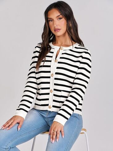 ANRABESS Cardigan Sweaters for Women 2023 Fall Long Sleeve Cropped Striped Knitted Jackets with Pockets in Saudi Arabia