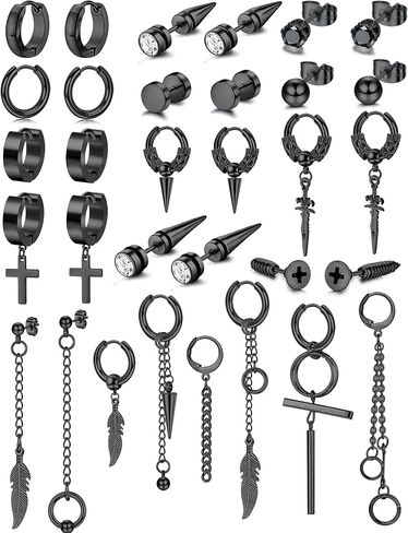 HAIAISO 32 قطعة أقراط للرجال أقراط سوداء من الفولاذ المقاوم للصدأ سلسلة طويلة ثقب الأقراط مجموعة أقراط Kpop أقراط متدلية للرجال والنساء in Kuwait