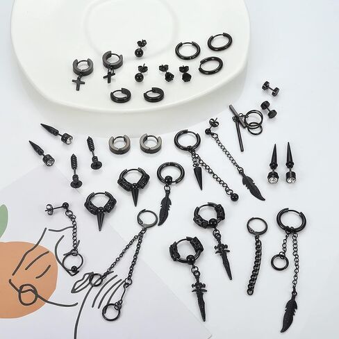 HAIAISO 32 قطعة أقراط للرجال أقراط سوداء من الفولاذ المقاوم للصدأ سلسلة طويلة ثقب الأقراط مجموعة أقراط Kpop أقراط متدلية للرجال والنساء in Kuwait