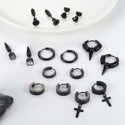 HAIAISO 32 قطعة أقراط للرجال أقراط سوداء من الفولاذ المقاوم للصدأ سلسلة طويلة ثقب الأقراط مجموعة أقراط Kpop أقراط متدلية للرجال والنساء in Kuwait