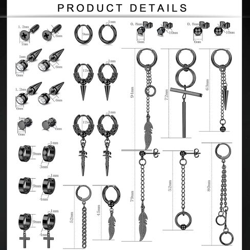 HAIAISO 32 قطعة أقراط للرجال أقراط سوداء من الفولاذ المقاوم للصدأ سلسلة طويلة ثقب الأقراط مجموعة أقراط Kpop أقراط متدلية للرجال والنساء in Kuwait