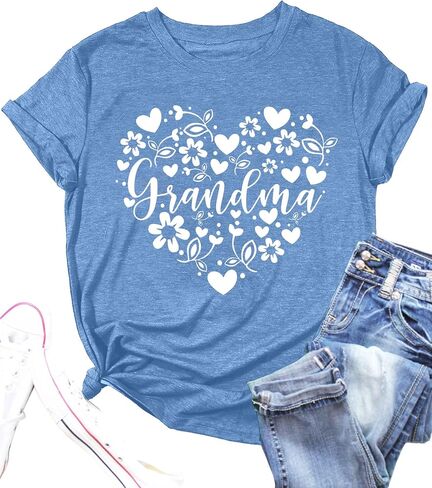 Grandma Shirts Women Grandmother Heart Printed Tshirt Floral Mama Casual Tee Mother Short Sleeve Top Shirt in Saudi Arabia