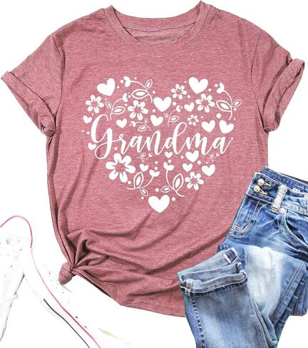Grandma Shirts Women Grandmother Heart Printed Tshirt Floral Mama Casual Tee Mother Short Sleeve Top Shirt in Saudi Arabia