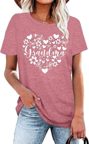 Grandma Shirts Women Grandmother Heart Printed Tshirt Floral Mama Casual Tee Mother Short Sleeve Top Shirt in Saudi Arabia