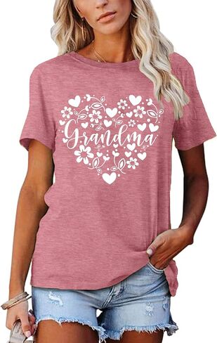Grandma Shirts Women Grandmother Heart Printed Tshirt Floral Mama Casual Tee Mother Short Sleeve Top Shirt in Saudi Arabia