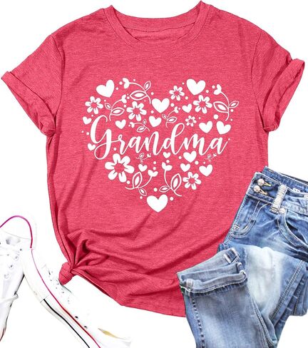 Grandma Shirts Women Grandmother Heart Printed Tshirt Floral Mama Casual Tee Mother Short Sleeve Top Shirt in Saudi Arabia