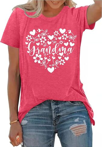 Grandma Shirts Women Grandmother Heart Printed Tshirt Floral Mama Casual Tee Mother Short Sleeve Top Shirt in Saudi Arabia