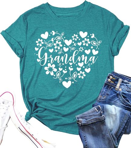 Grandma Shirts Women Grandmother Heart Printed Tshirt Floral Mama Casual Tee Mother Short Sleeve Top Shirt in Saudi Arabia