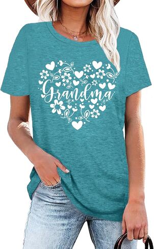 Grandma Shirts Women Grandmother Heart Printed Tshirt Floral Mama Casual Tee Mother Short Sleeve Top Shirt in Saudi Arabia
