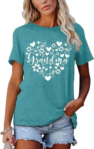 Grandma Shirts Women Grandmother Heart Printed Tshirt Floral Mama Casual Tee Mother Short Sleeve Top Shirt in Saudi Arabia