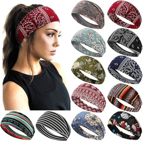 AKTVSHOW Headbands for Women Short Hair Elastic Hair Bands for Women's Hair Workout Sports Yoga Exercise Hair Accessories Wide Thick Sweat Headbands 12 Pack in Saudi Arabia