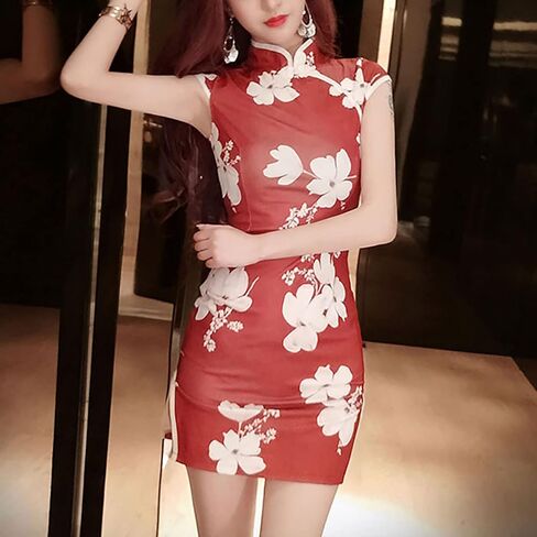 Women's Elegant Modern Cheongsam Mini Dress Floral Print Chinese Qipao Mandarin Collar Side Slit Bodycon Dress in Saudi Arabia