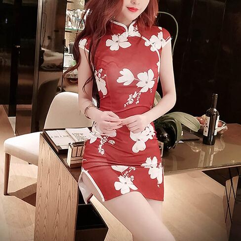 Women's Elegant Modern Cheongsam Mini Dress Floral Print Chinese Qipao Mandarin Collar Side Slit Bodycon Dress in Saudi Arabia