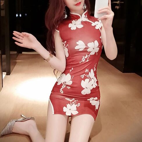 Women's Elegant Modern Cheongsam Mini Dress Floral Print Chinese Qipao Mandarin Collar Side Slit Bodycon Dress in Saudi Arabia