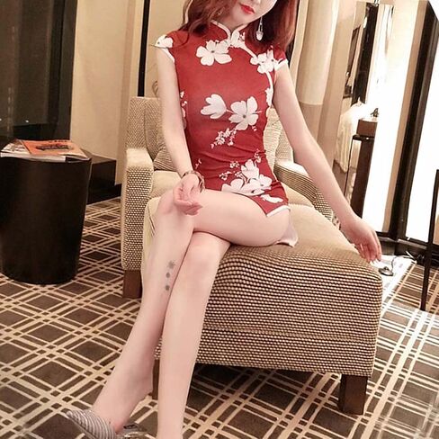 Women's Elegant Modern Cheongsam Mini Dress Floral Print Chinese Qipao Mandarin Collar Side Slit Bodycon Dress in Saudi Arabia