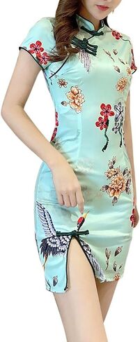 Women's Elegant Modern Cheongsam Mini Dress Floral Print Chinese Qipao Mandarin Collar Side Slit Bodycon Dress in Saudi Arabia