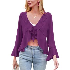 سترة نسائية من Kate Kasin مصنوعة من الشيفون بربطة أمامية وأكمام طويلة مكشكشة ورقبة على شكل حرف V بوليرو لفساتين الصيف in Kuwait