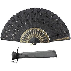 Peacock Feather Black Sequins Design Plastic Folding Hand Fan