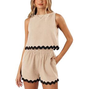 Tankaneo Womens 2 Piece Vacation Outfits Lounge Sets Casual Cropped Tank Tops Shorts Matching Set