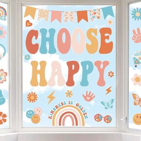 Choose Happy Window Clings Retro Groovy Inspiration Window Stickers Double Sided Boho Daisy Rainbow Positive Glass Decals for Party Home School Wall Decor, 6 Sheet