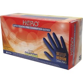 Adenna HER005 Hero 14 mil Powder-Free Latex Gloves, Extended Cuff, Medical Grade, Blue, Medium, Box of 50